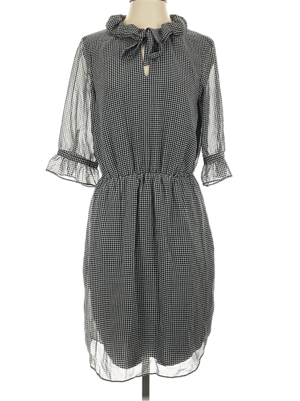 Banana Republic lightweight houndstooth midi dress ruffle sleeve tie neck M TALL